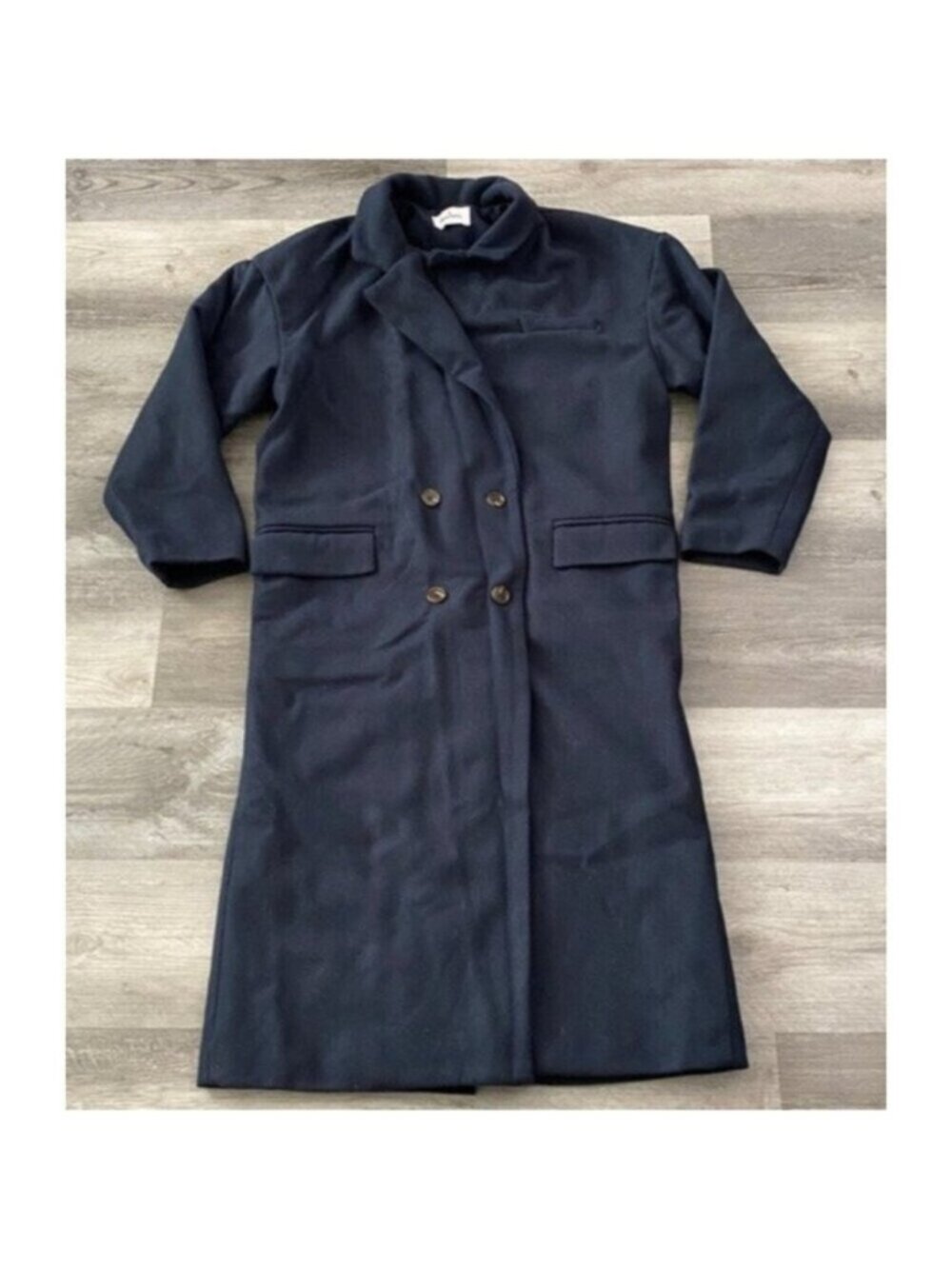 None Name Wool Coat Double Breasted Long Line Navy Blue Quilted Lining Sz 10